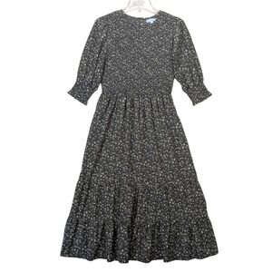 Baltic Born Dress Womens Small Floral Smocked Midi Black Prairie Cottagecore